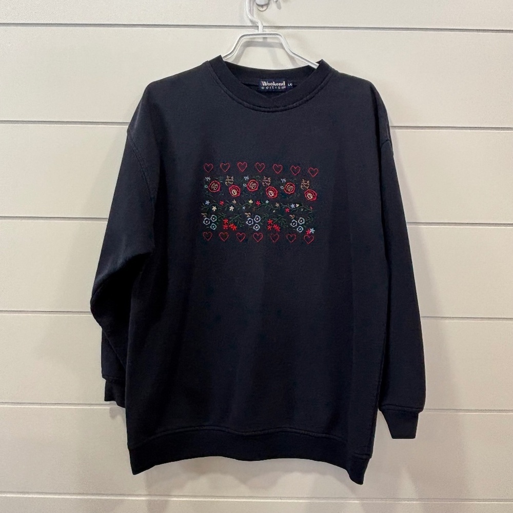 Vintage Weekend Edition navy blue embroidered heart and floral print sweatshirt
